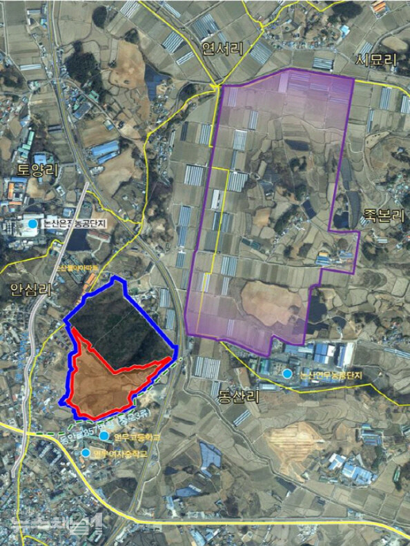 ▲논산시 연무읍 동산리 일원에 조성 예정인 ‘국방미래기술연구센터’ 조성 예정지 위치도. 사진=논산시